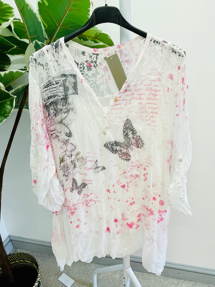 LADIES BUTTERFLY PRINT CHIFFON OVERSIZE TOP IN BLUE, KHAKI & PINK