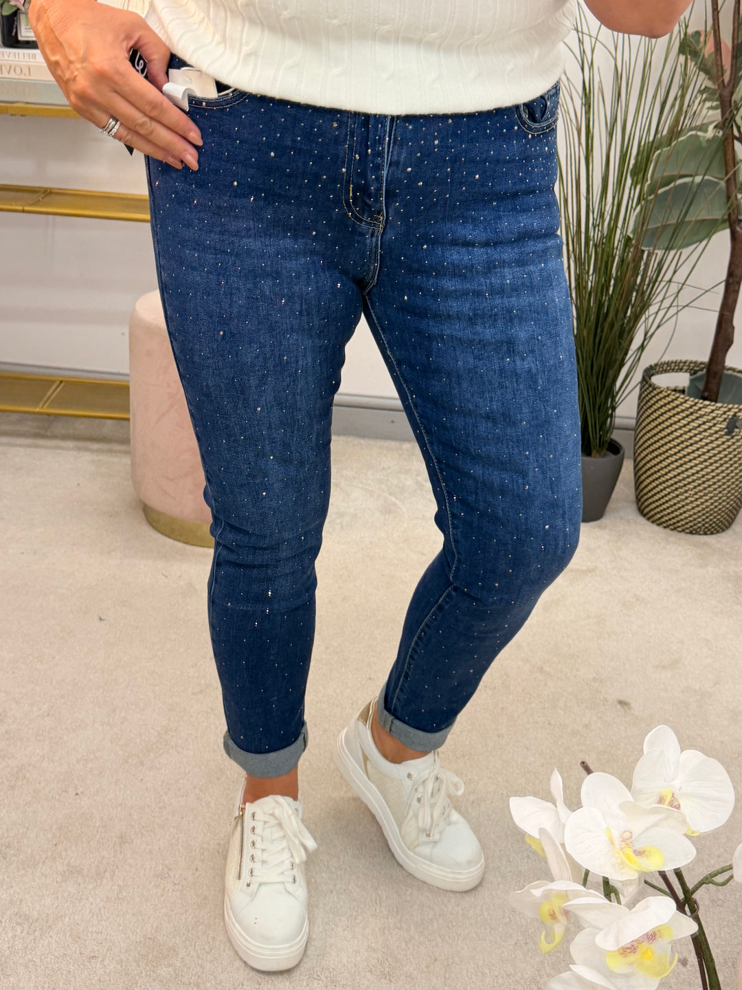 Ladies Fashion Diamante Mom Fit Blue Denim Jeans