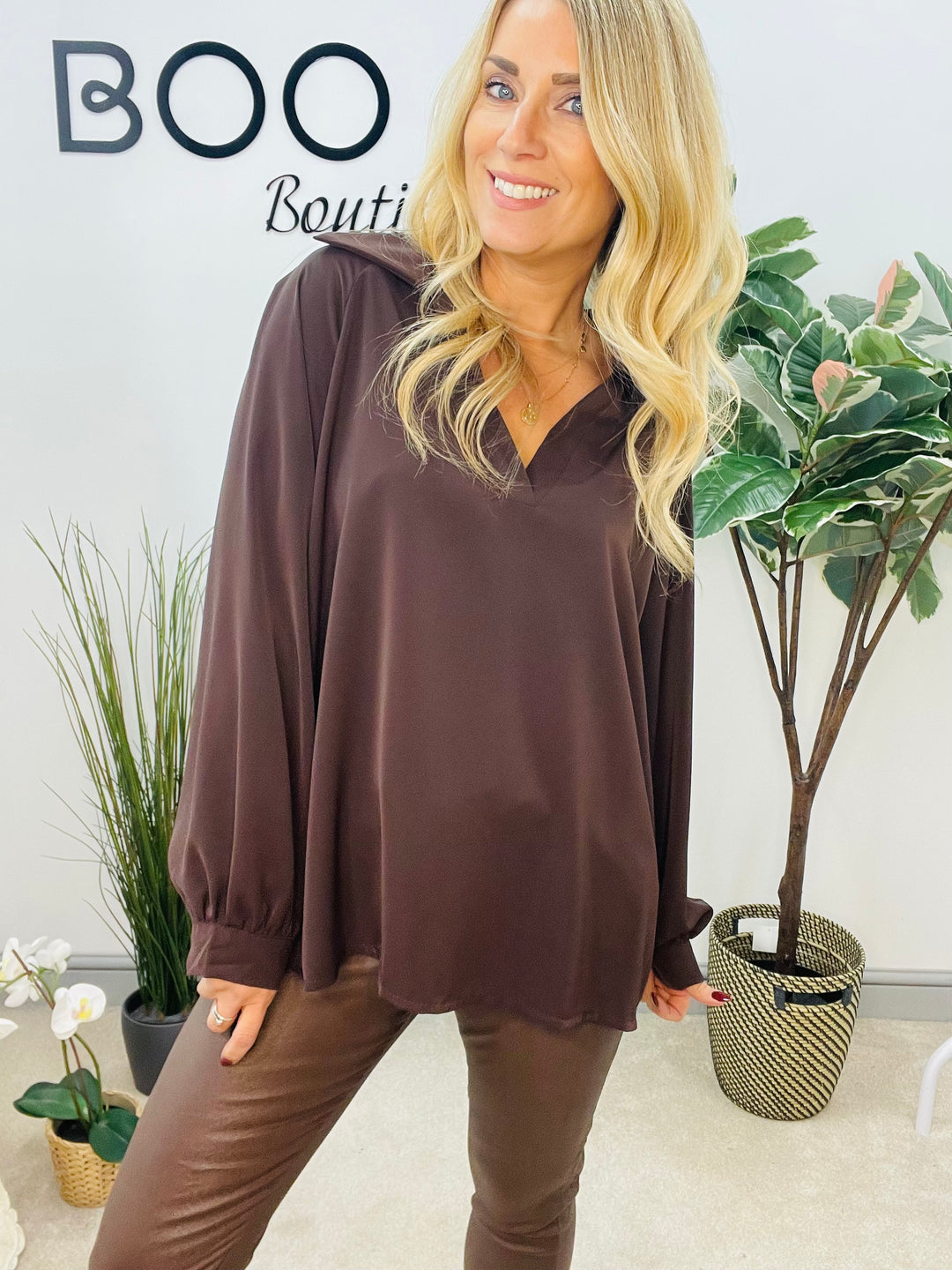 LADIES V NECK LUXURY BLOUSE - BROWN, GREY, WHITE & BLACK
