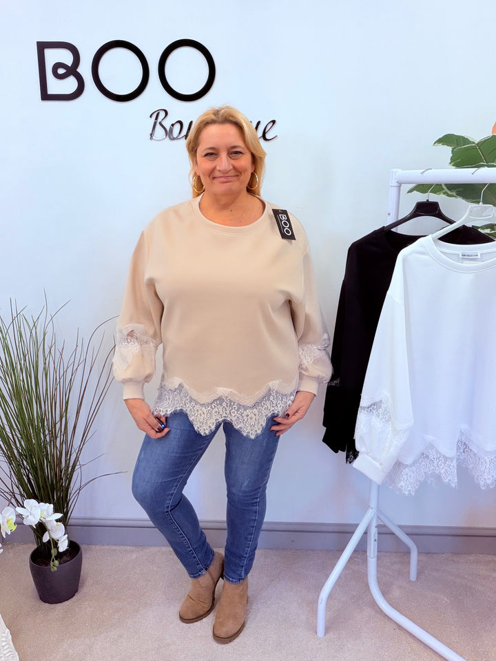 LADIES FASHION LACE EDGE TOP - BLACK, WHITE & BEIGE