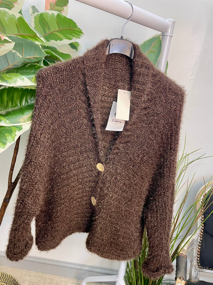 LADIES FLUFFY KNIT CARDIGAN - KHAKI, NAVY, GREY, BLACK, BEIGE, BROWN