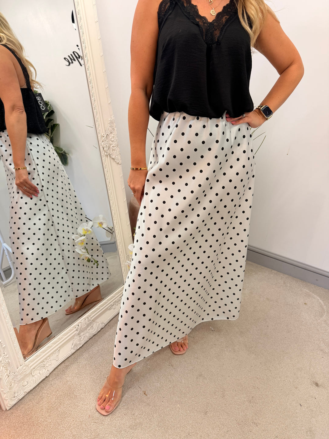 Ladies Satin Polka Dot Maxi Skirt - Black, White, Lemon, Blue & Pink