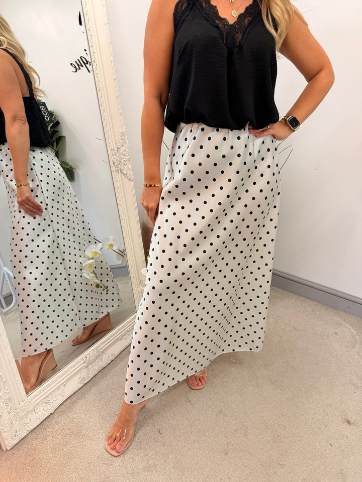 Ladies Satin Polka Dot Maxi Skirt - Black, White, Lemon, Blue & Pink