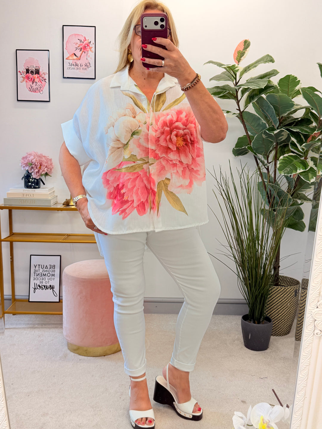 Ladies Cream Linen Rose Print Overize Summer Shirt Top