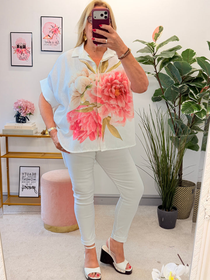 Ladies Cream Linen Rose Print Overize Summer Shirt Top