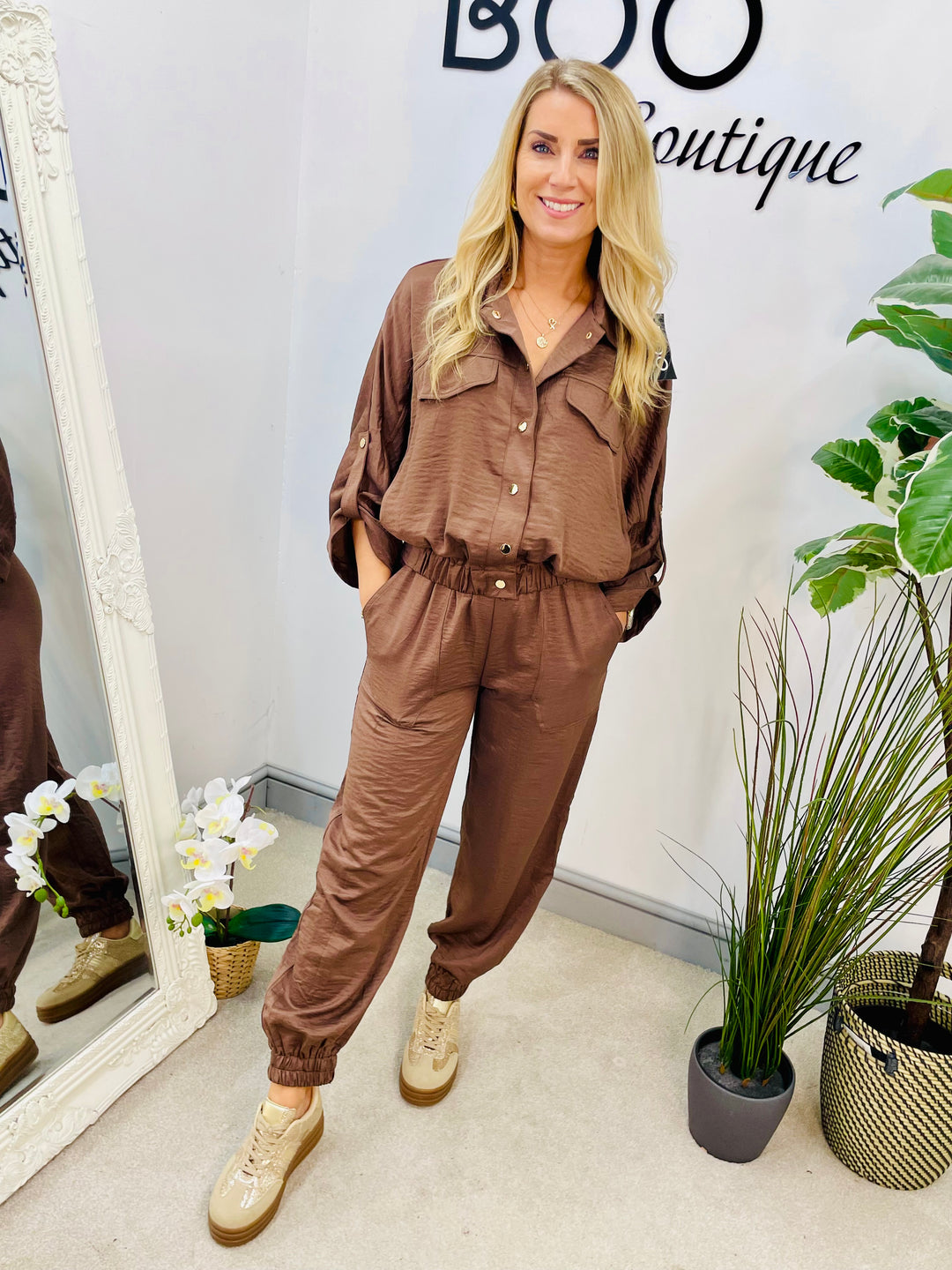 LADIES SATIN BOMBER JACKET JOGGER LEG CO ORD - KHAKI, BLACK & BROWN