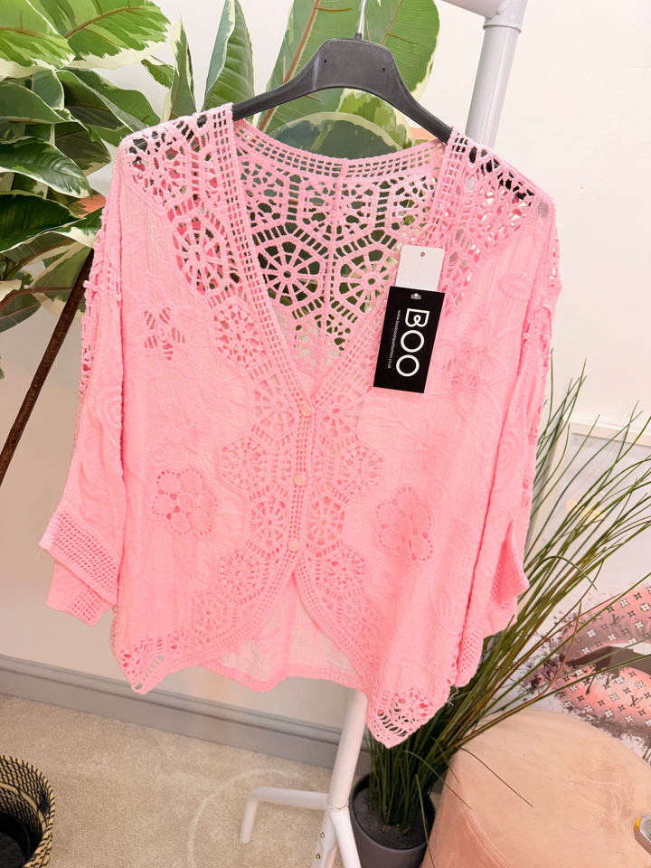 Ladies Fashion Crochet Bolero Top - white, beige, pink, lemon & turquoise