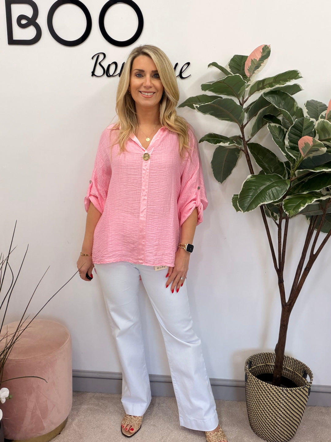 Ladies Fashion Grandad Style Top Blouse - Pink, Lemon, White & Blue