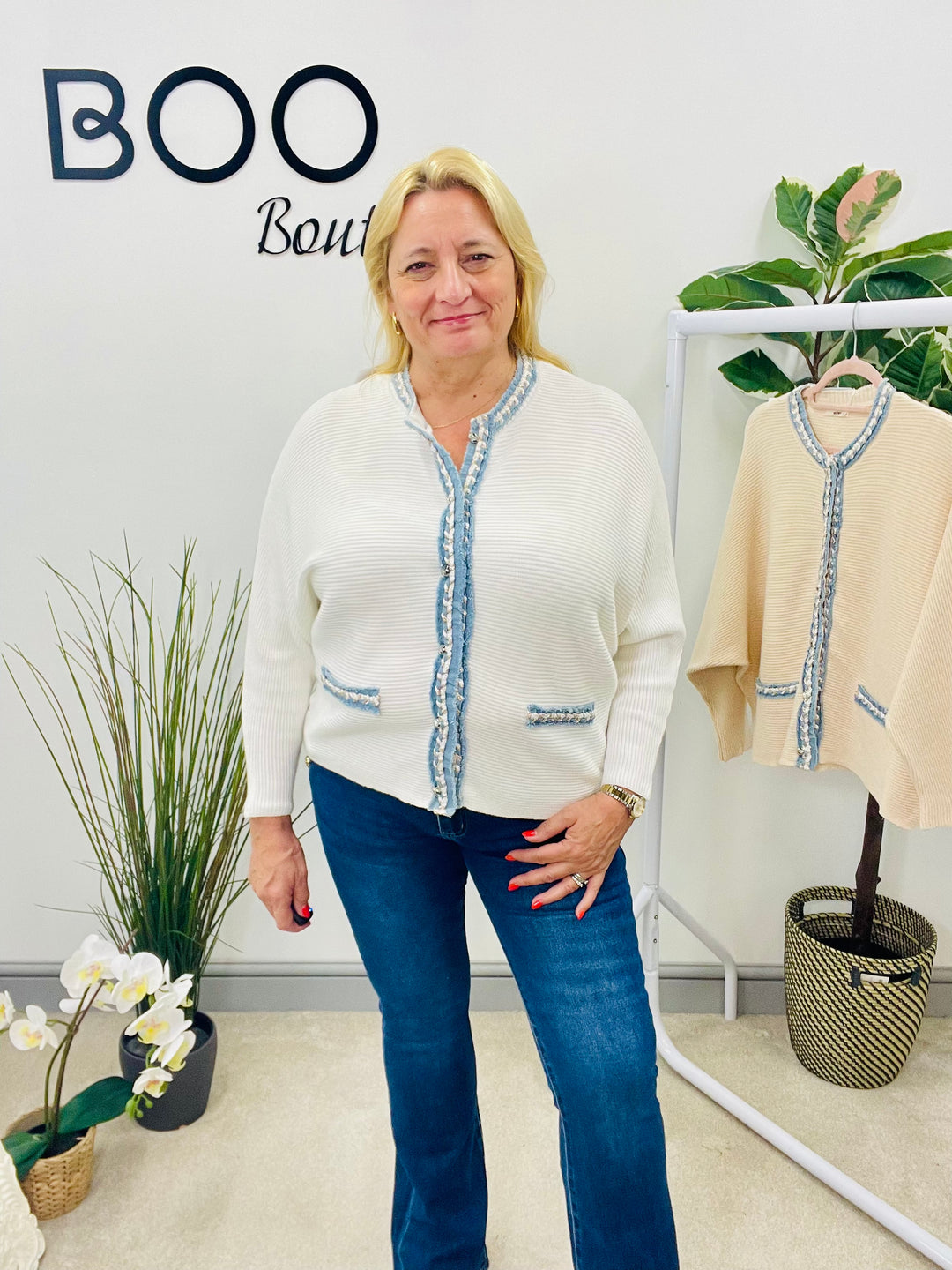 LADIES RIB KNIT BATWING DENIM DETAIL CARDIGAN - WHITE & BEIGE