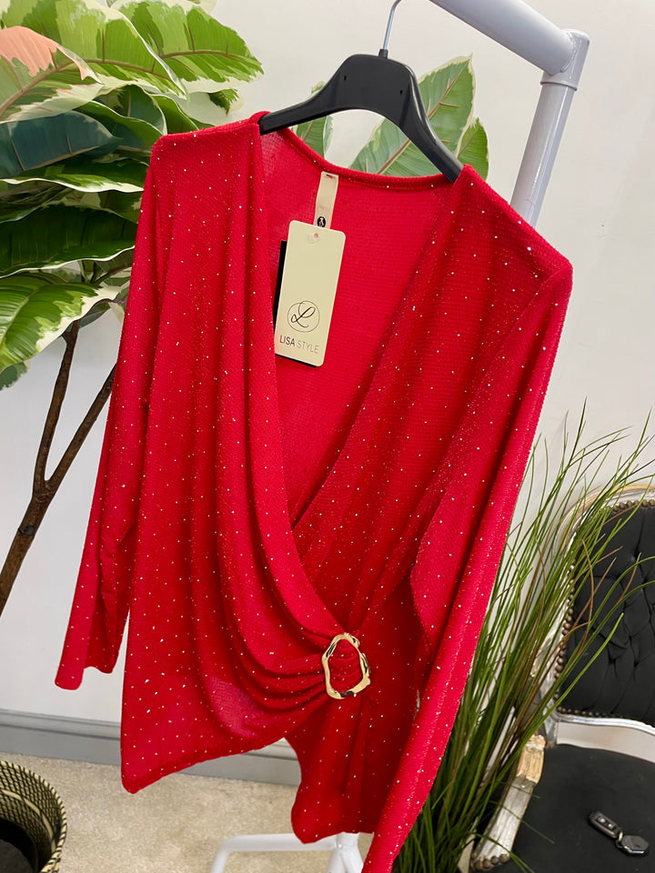 LADIES LUREX WRAP STYLE TOP - BLACK, SILVER, RED