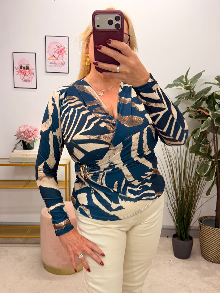 Womens fashion long sleeve wrap style top - teal, black, plum & brown