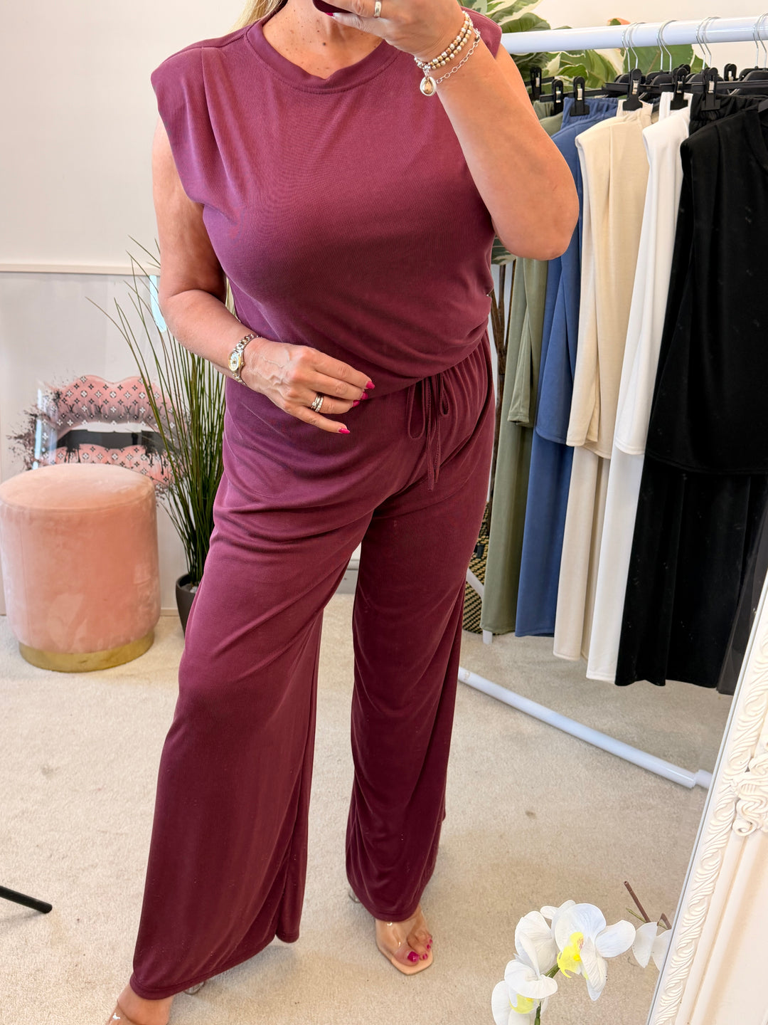 Ladies Stretch Non Crease Wide Leg Trouser Co Ord - Black, Beige, Khaki, Wine, Denim, White