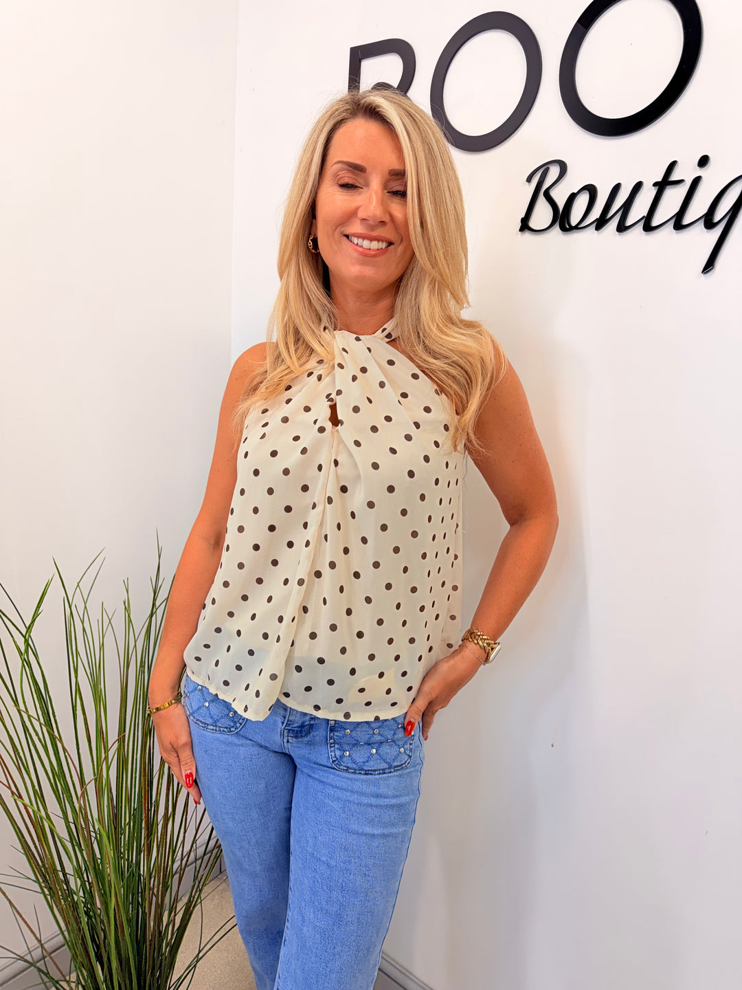 Ladies Fashion Polka Dot High Neck Top cream