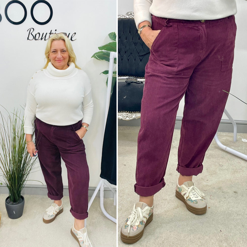 LADIES TRENDY BAGGY CORD TROUSERS - BLACK & PLUM
