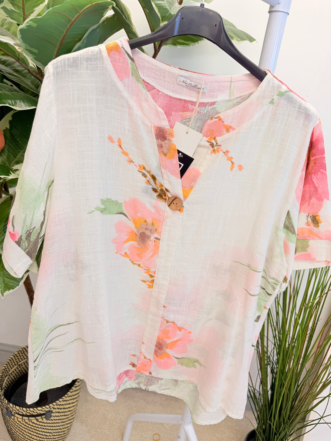 Ladies Fashion Light Linen Flower Print Grandad Shirt Top - Pink, Blue, White & Lemon