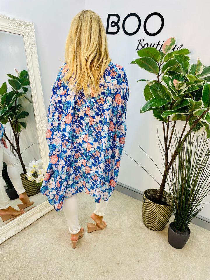 LADIES OVERSIZE BLUE & RED FLOWER PRINT FLOATY TOP
