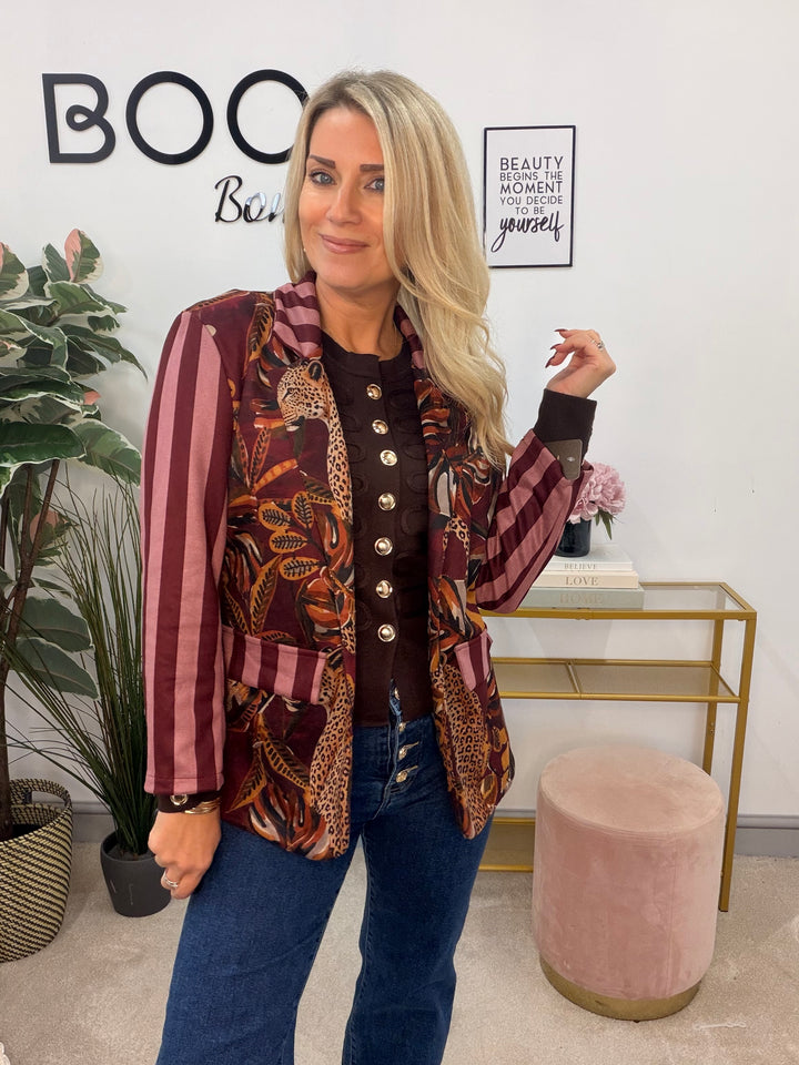 Womens Faux Suede Jungle Print Blazer Jacket - Burgundy & Black
