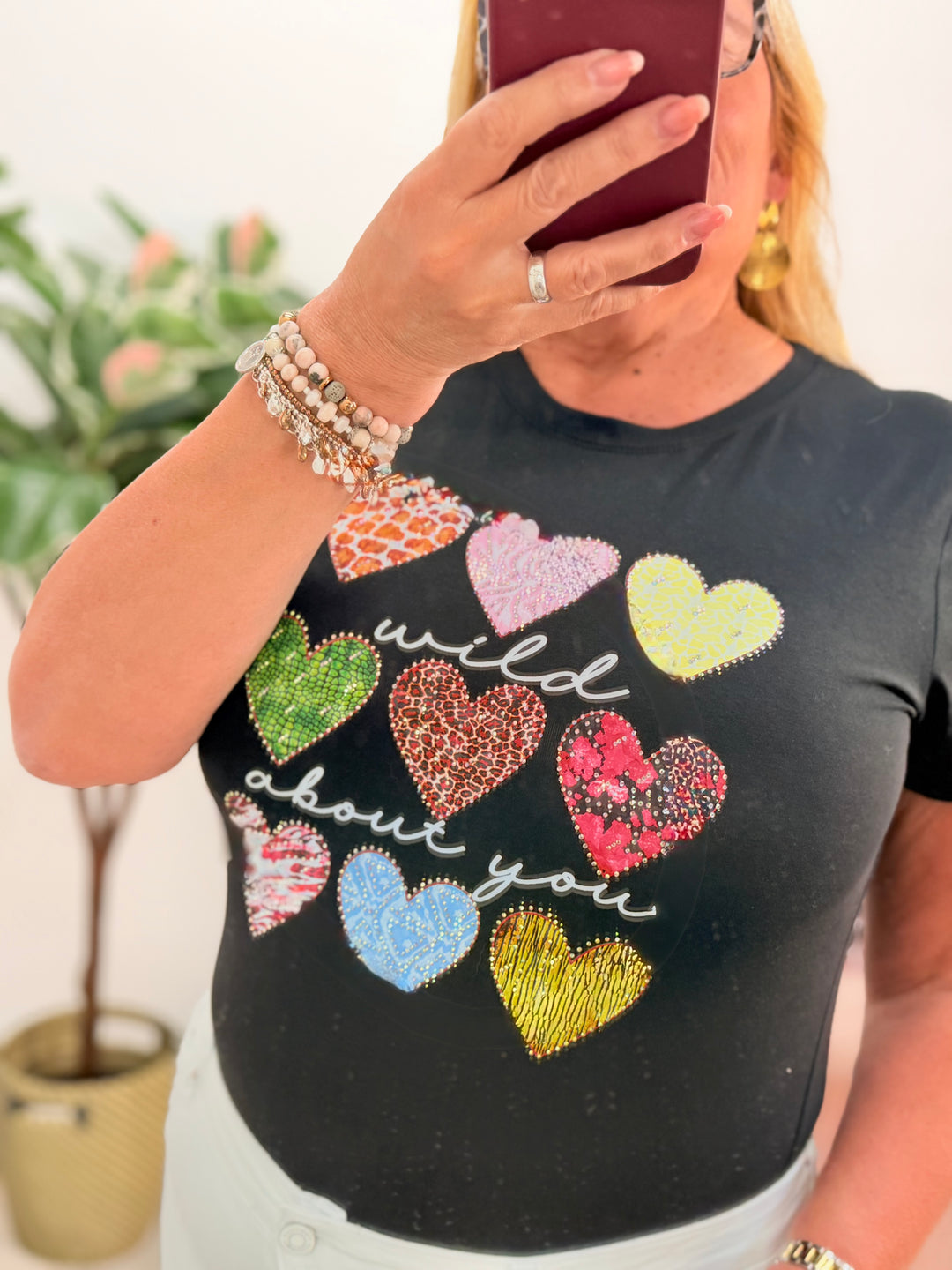 Ladies Stretch Sparkly Heart T Tee Shirt - Black & White