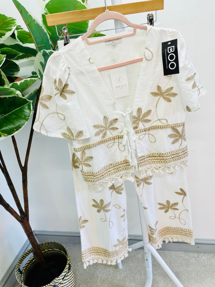 LADIES WOMENS BOHO HOLIDAY CROP TROUSER CO ORD SET - MINT & WHITE