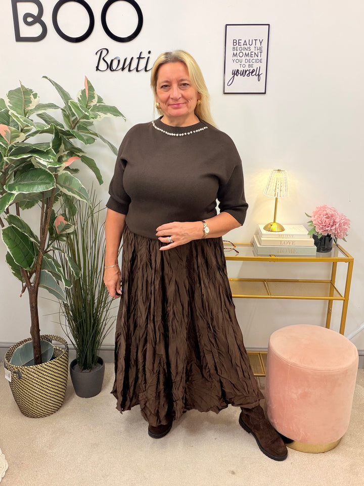 Ladies Fashion Satin Crinkle Maxi Skirt - Black, Navy, Brown, Khaki & Lime