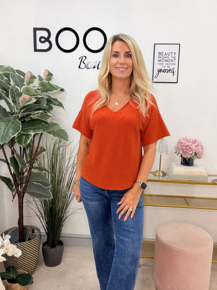 Ladies Fashion Short Sleeve V Neck Jumper orange