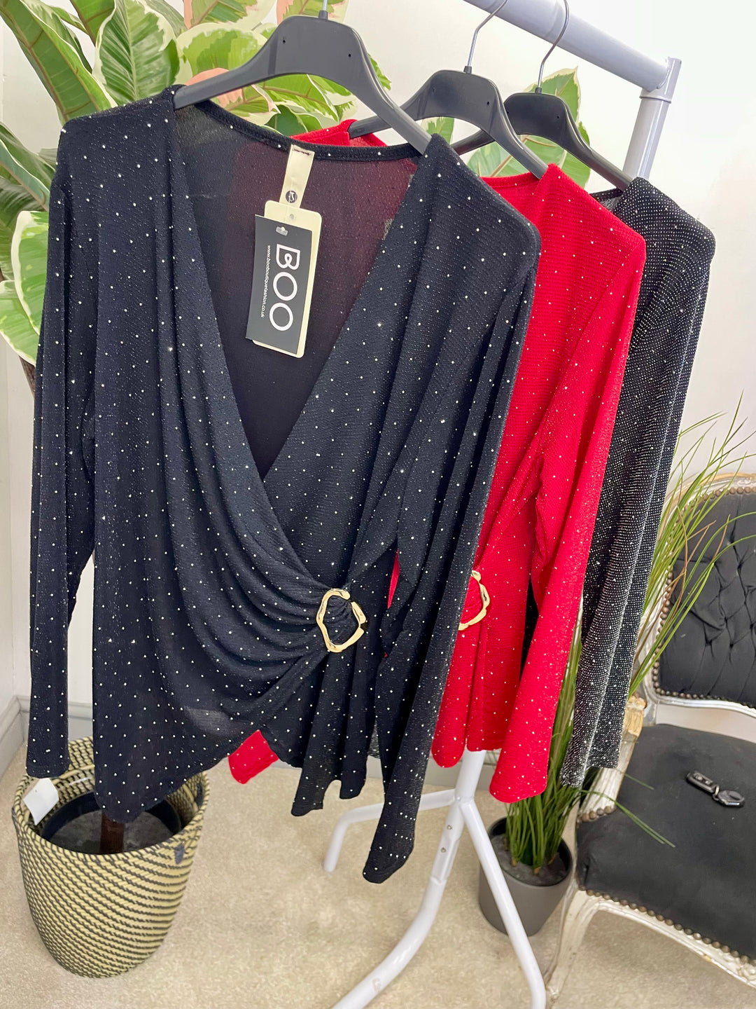 LADIES LUREX WRAP STYLE TOP - BLACK, SILVER, RED