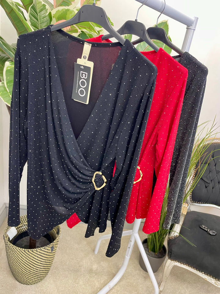 LADIES LUREX WRAP STYLE TOP - BLACK, SILVER, RED