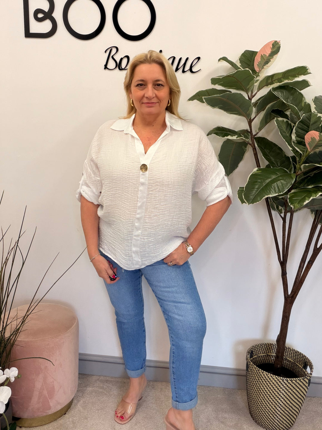 Ladies Fashion Grandad Style Top Blouse - Pink, Lemon, White & Blue