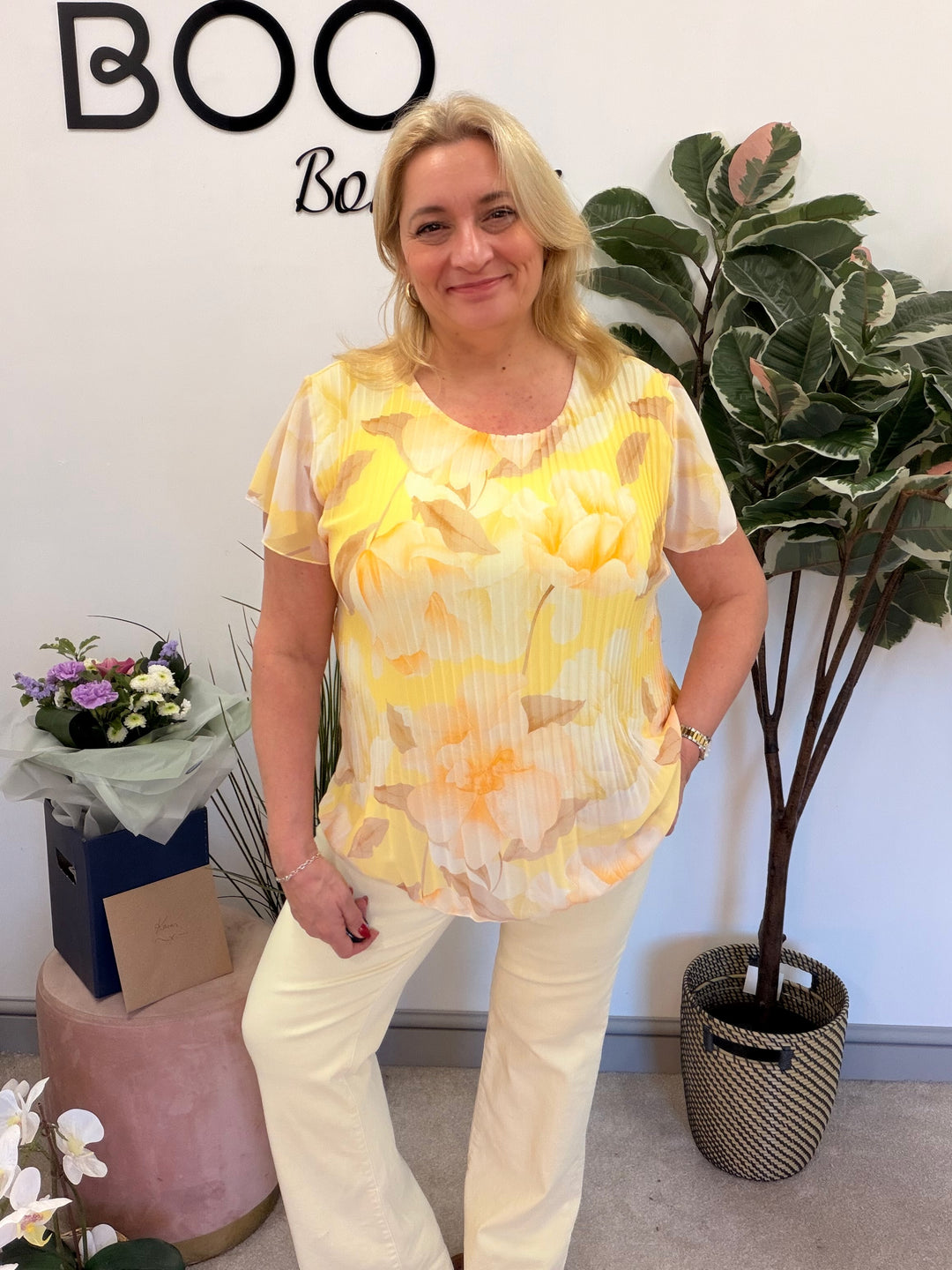 Ladies Fashion Floral Print Pleated Chiffon Blouse Top - pink, white, blue & lemon