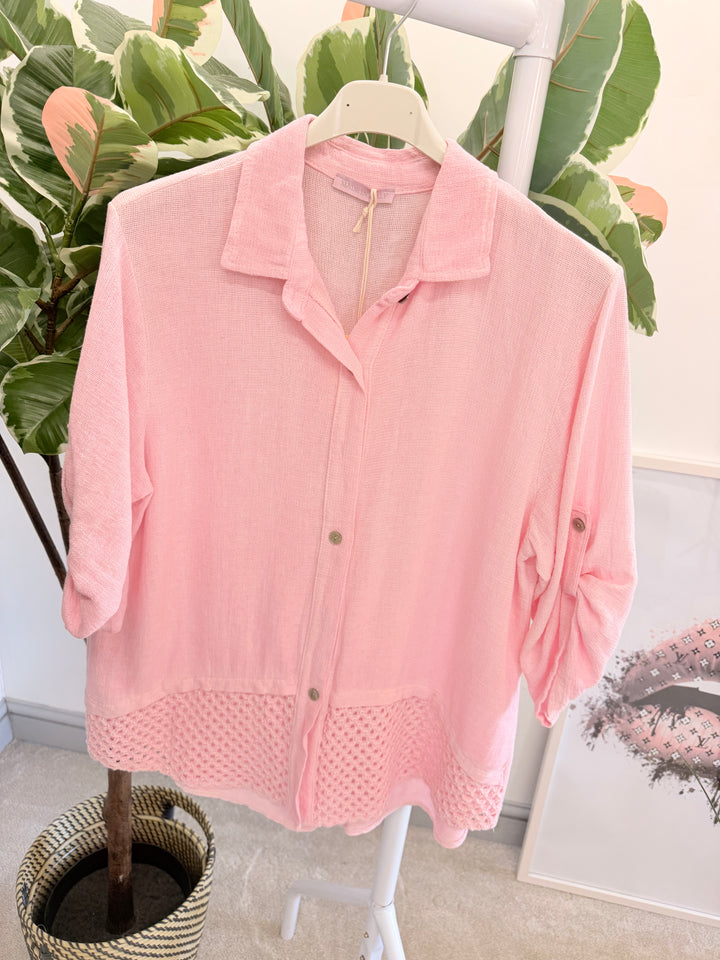 Ladies Teabag Linen Crochet Shirt Top candy pink
