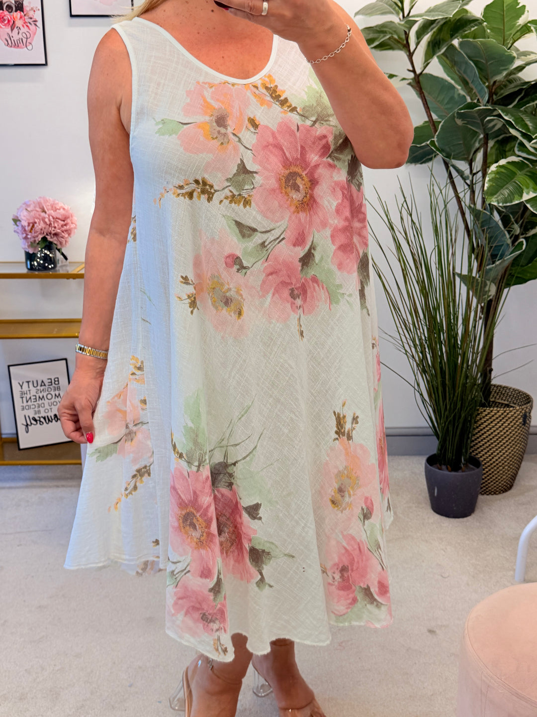 Ladies Flower Print Cotton Sun Dress - White, Pink, Blue