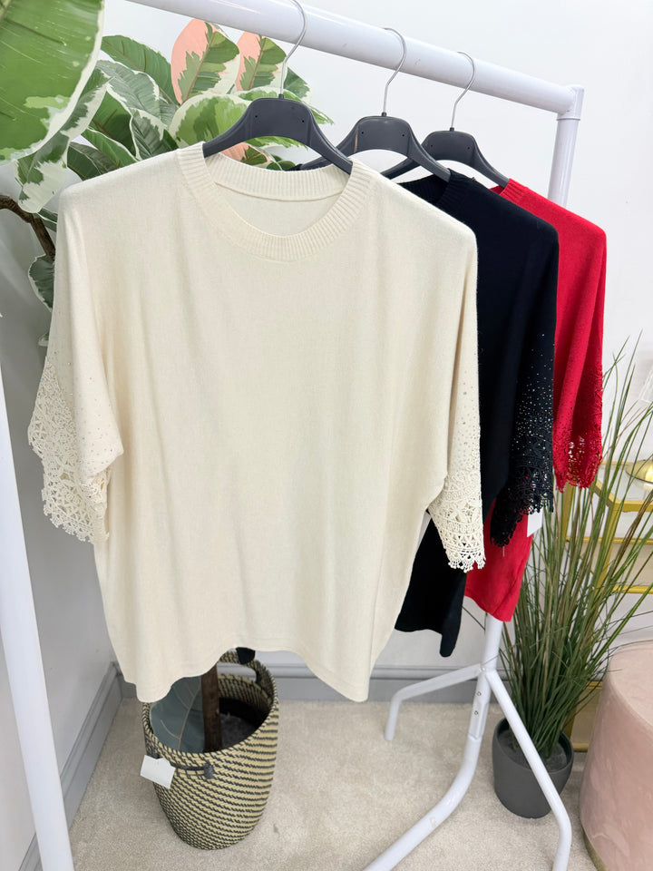 Ladies Diamante & Lace Short Sleeve Jumper - Black, Cream & Red