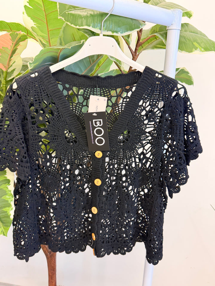 Ladies Crochet Bolero Cardigan - Beige, Black & White