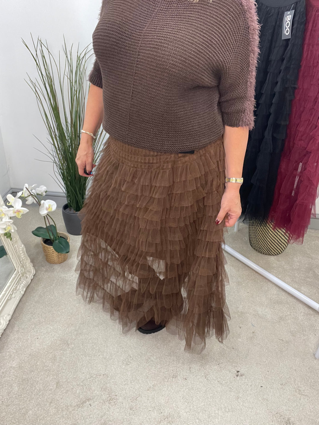 LADIES TULLE MAXI SKIRT - WINE, BROWN & BLACK