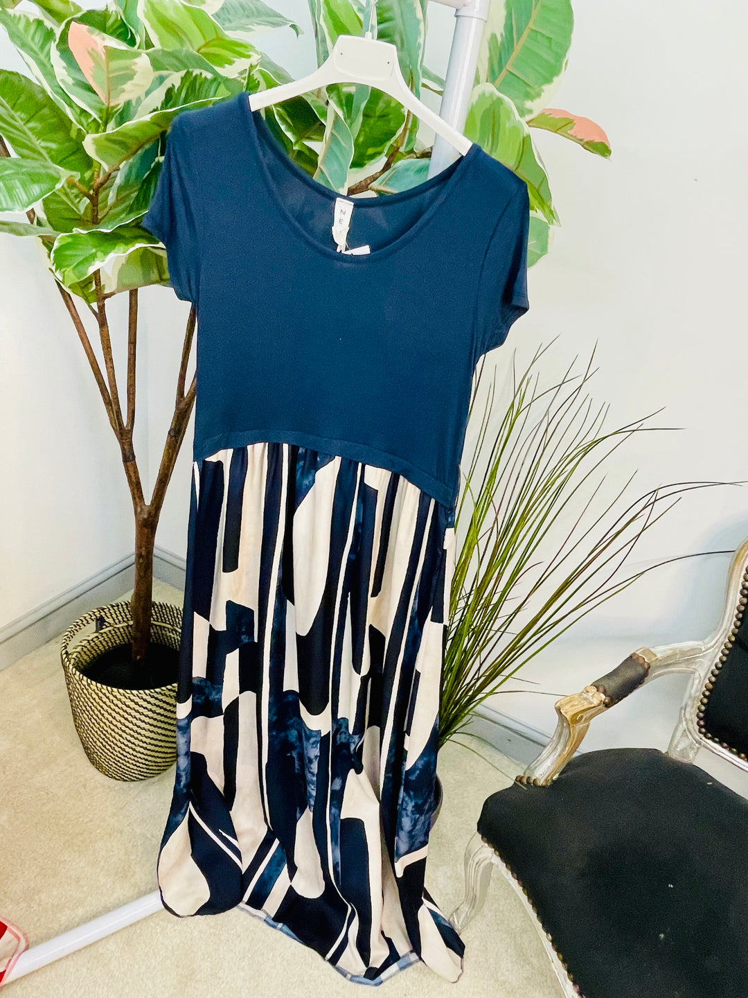 LADIES ABSTRACT PRINT T SHIRT DRESS - BLUE, NAVY, DENIM, RED & BROWN