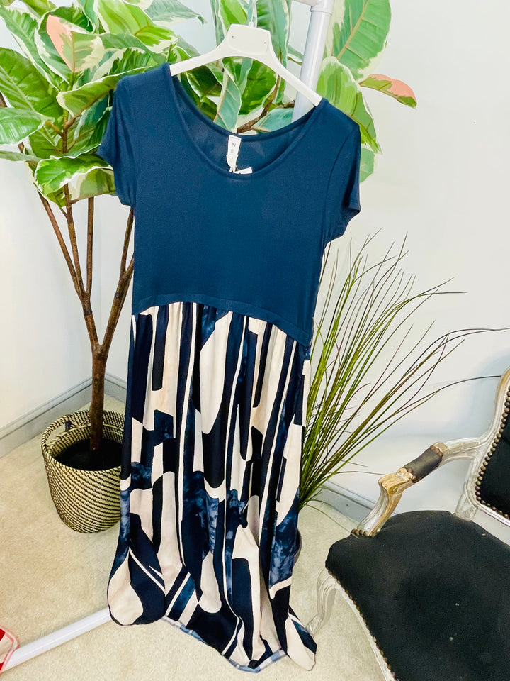 LADIES ABSTRACT PRINT T SHIRT DRESS - BLUE, NAVY, DENIM, RED & BROWN