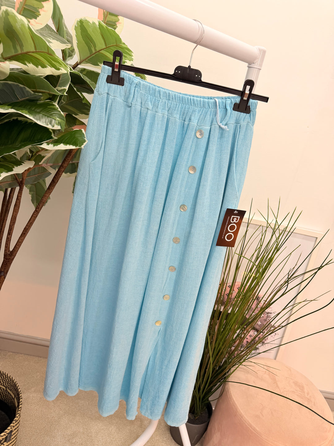 Ladies Fashion Teabag Linen Maxi Skirt - pink, blue, turquoise, beige, white, lime
