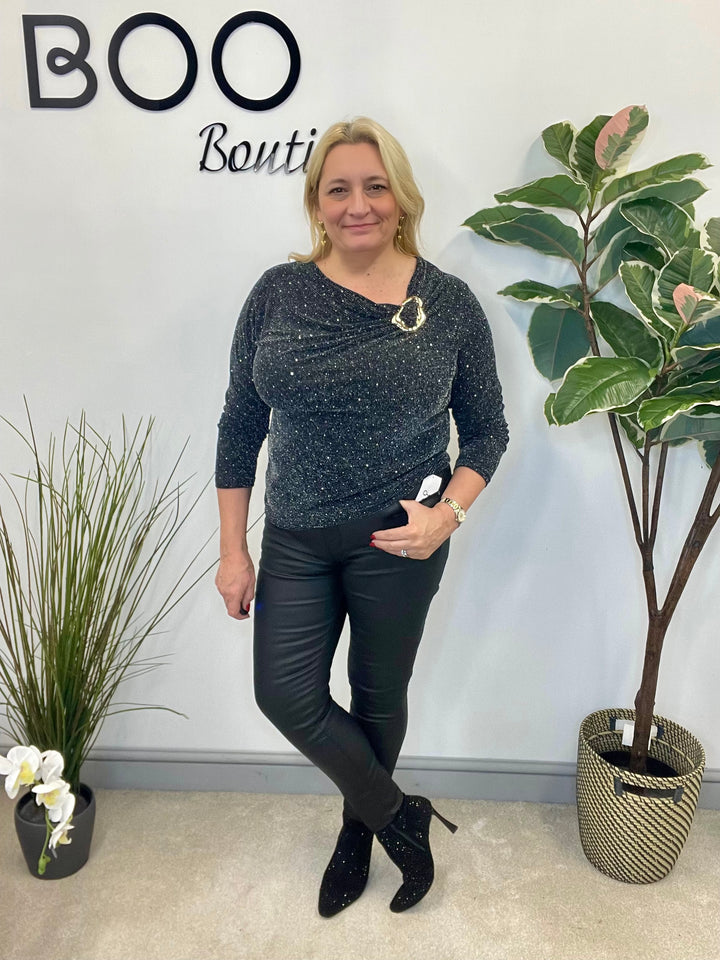 LADIES LUREX PARTY TOP - BLACK, RED, SILVER