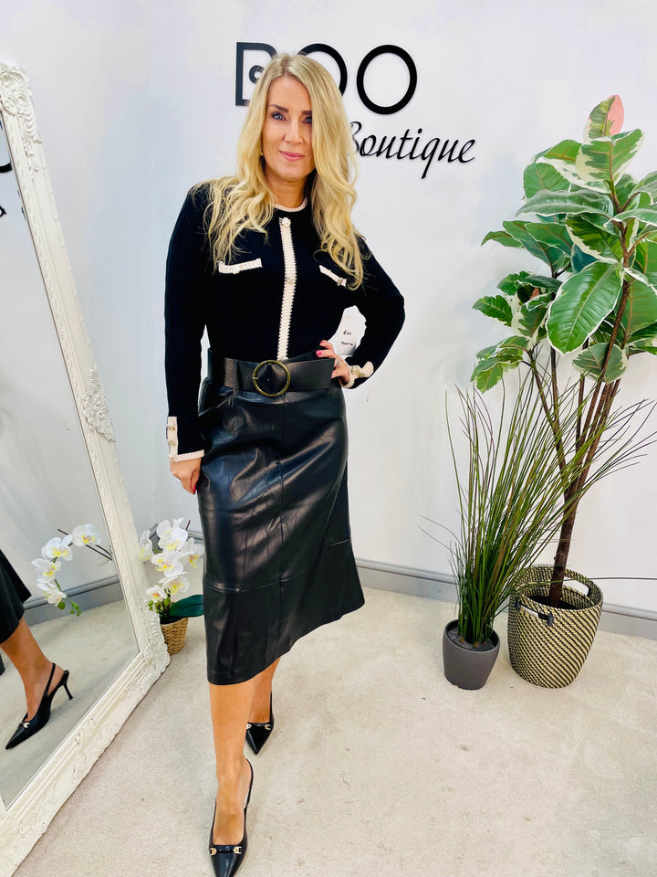LADIES BLACK FAUX LEATHER MIDI SKIRT