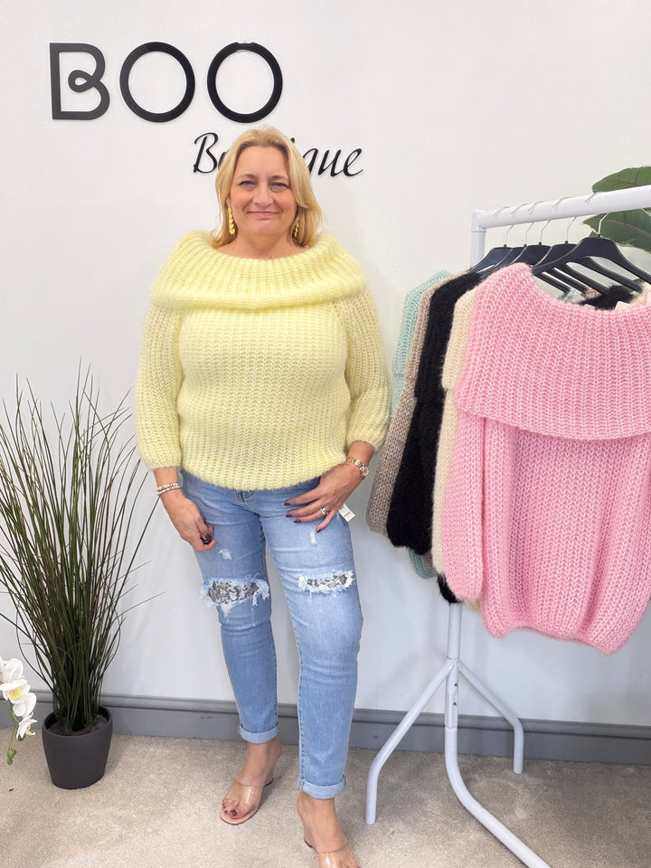 LADIES FLUFFY KNIT BARDOT JUMPER - MINT, BLACK, CREAM, PINK, LEMON & MOCHA