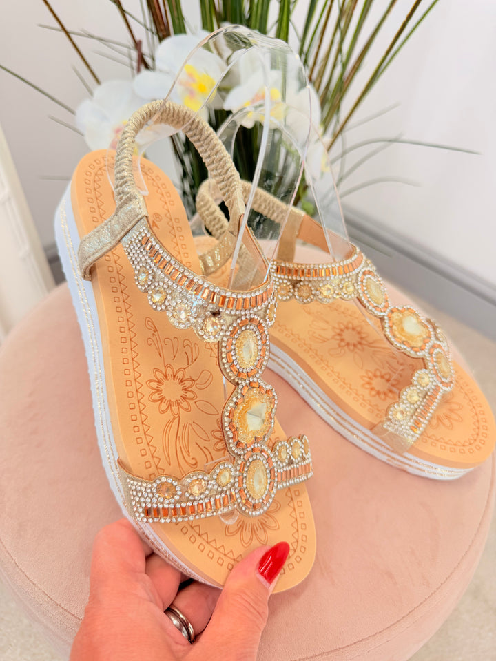 Ladies Fashion Gold Jewelled Small Wedge Sandals Shoes