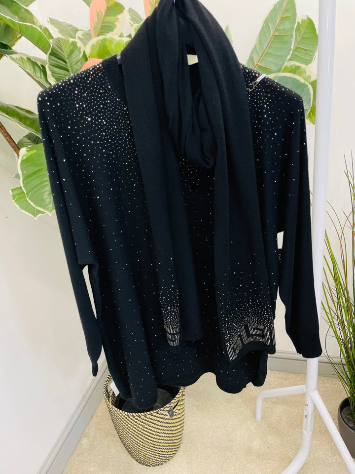 LADIES BLACK SPARKLY JUMPER & SCARF SET