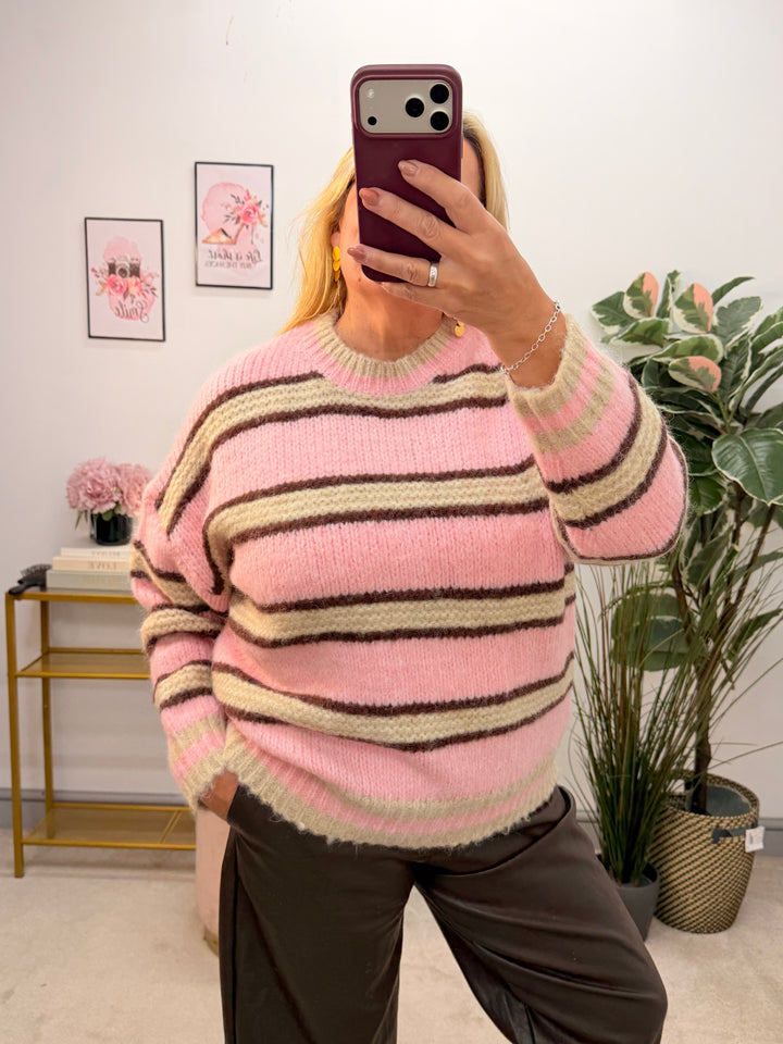 Ladies Fashion Pink Brown Cream Stripe Jumper