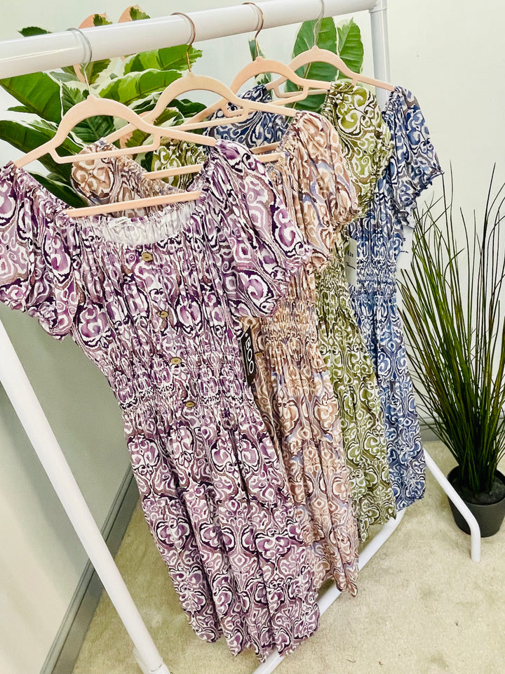 LADIES SUMMER MIDI DAY DRESS - LILAC, BEIGE, BLUE & KHAKI
