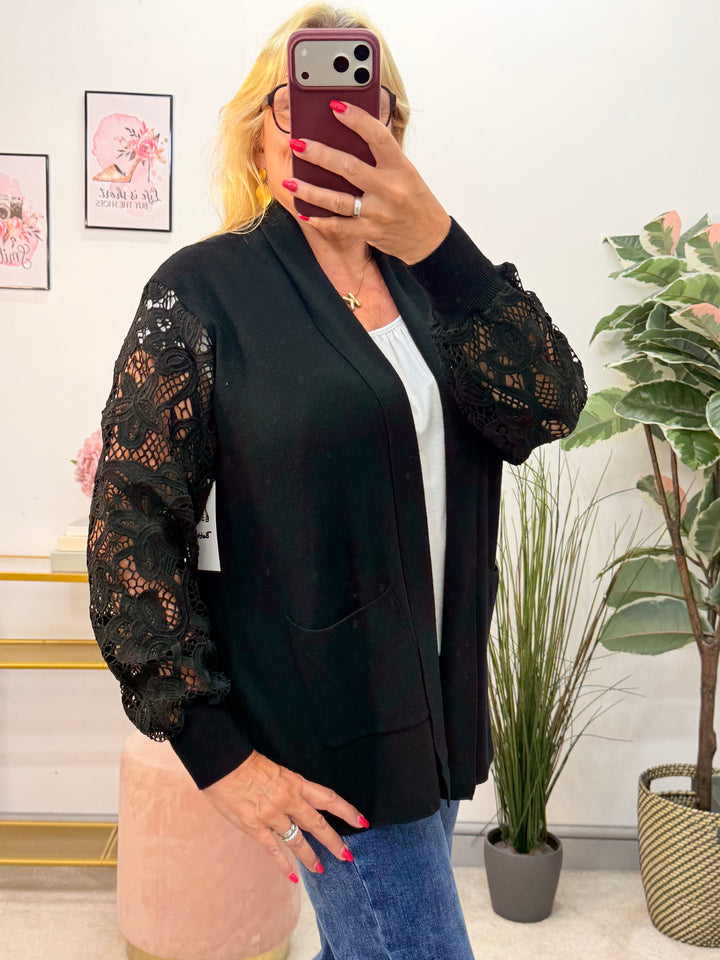 Ladies Crochet Sleeve Longline Cardigan - Black, Brown, Khaki, Wine, Beige & Grey