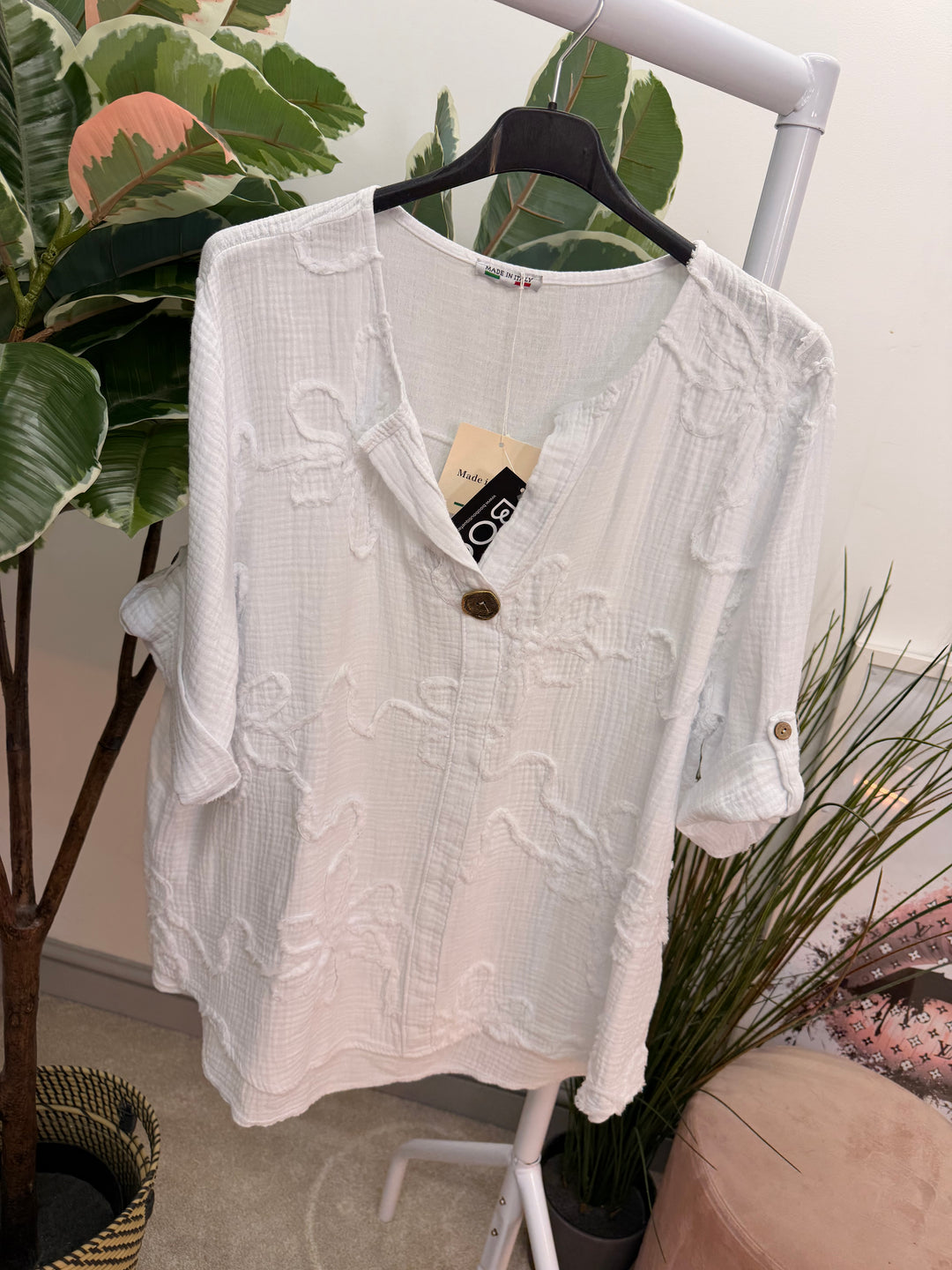 Ladies Fashion Cheesecloth Grandad Top - lemon, white, pink, navy