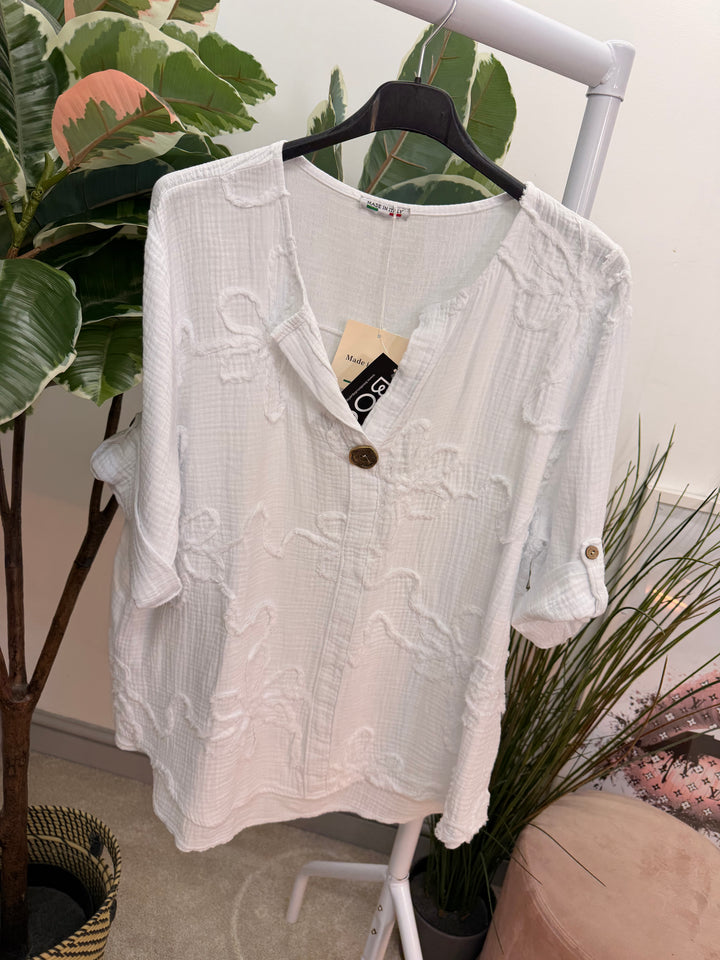 Ladies Fashion Cheesecloth Grandad Top - lemon, white, pink, navy