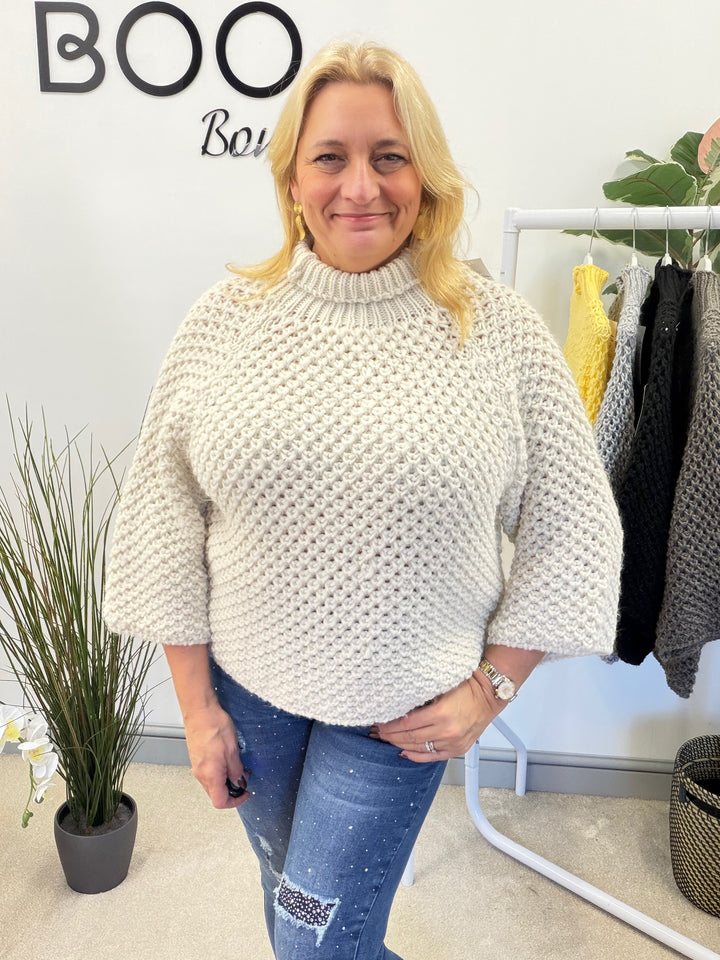 LADIES CHUNKY WAFFLE KNIT JUMPER - LEMON, BEIGE, BLACK, MOCHA & GREY