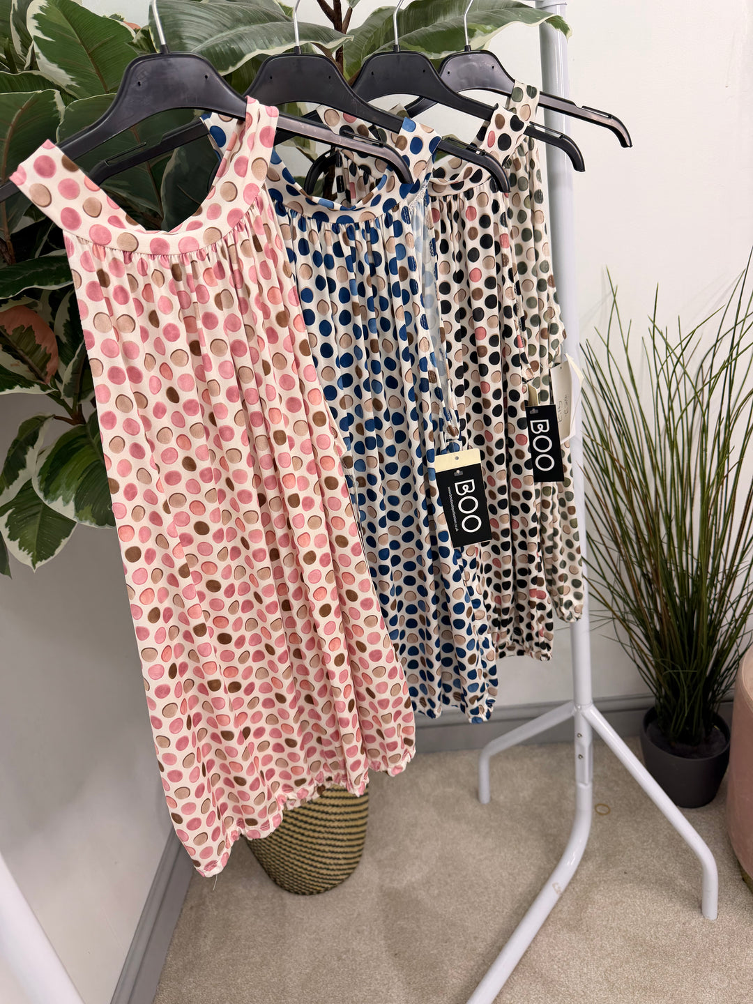 Ladies Polka Dot High Neck Top - Pink, Black, Khaki & Navy