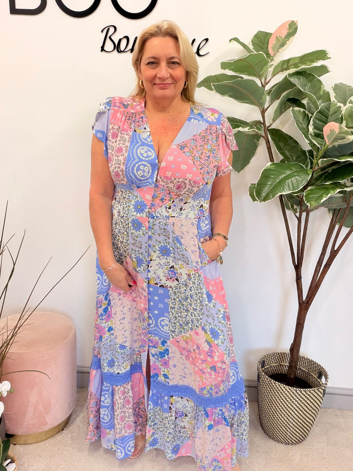 Ladies Fashion Pink Lilac Patchwork Summer Maxi Dress